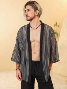 Manfinity RSRT Camisa Vintage Masculina Solta de Verão com Frente Aberta, Listras Coloridas e Mangas Caídas
