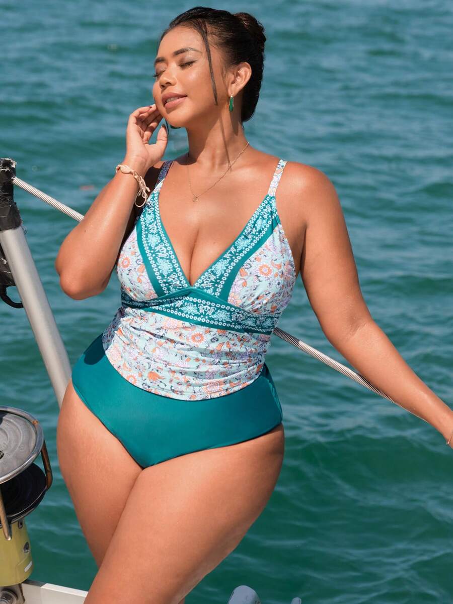 SHEIN Swim Curve 大码女式花卉印花海滩度假吊带背心分体泳衣夏季 - 彩色 - 查看 1