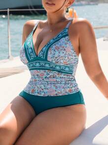 SHEIN Swim Curve 大码女式花卉印花海滩度假吊带背心分体泳衣夏季 - 彩色 - 查看 5