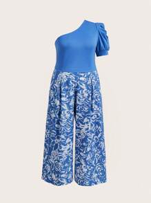 SHEIN Privé Plus Size Elegant Asymmetrical Neck Cap Sleeve Top + Long Blue & White Floral Wide Leg Pants, Summer Beach Vacation Outfit