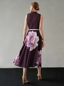 MOTF PREMIUM FLORAL PRINT MOCK NECK FOLD PLEATED DRESS