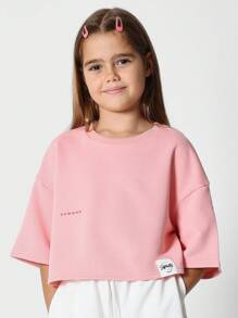 SUMWON 少女緊身短T恤，印花圖案 - 藕粉色 - 查看 2