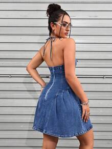 SHEIN ICON Women's Summer Casual Washed Denim Dress With Eyelet Tie - Dark Wash - View 2