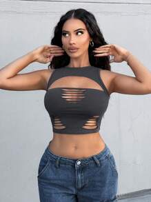 VaVaBold Áo ba lỗ cắt xẻ bất đối xứng màu trơn mùa hè gợi cảm dành cho nữ - Xám - Xem 3