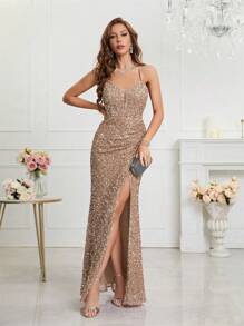 Đầm hai dây đính sequin xẻ tà UNITHORSE, đầm dạ hội trang trọng thanh lịch dành cho ngày Valentine, thích hợp cho đám cưới, dạ tiệc, lễ tốt nghiệp, tiệc tùng, đồng phục học sinh. - Màu be - Xem 6