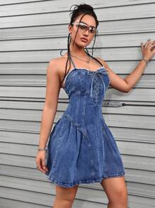 SHEIN ICON Women's Summer Casual Washed Denim Dress With Eyelet Tie - Dark Wash - View 3