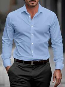 Manfinity Mode 男士加大纯色纽扣长袖衬衫，适合日常穿着，秋季 - 藍色 - 查看 1