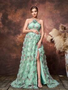 Faeriesty Dressalisa Maternity Floral Printed Halter Neck Mesh Overlay Formal Prom Dress - Green - View 3