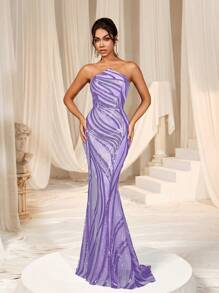 Faeriesty 亮片后背系带美人鱼下摆派对礼服优雅正式晚会舞会婚礼宾客礼服，适合毕业典礼、晚宴 - 紫色 - 查看 8