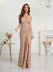 Đầm hai dây đính sequin xẻ tà UNITHORSE, đầm dạ hội trang trọng thanh lịch dành cho ngày Valentine, thích hợp cho đám cưới, dạ tiệc, lễ tốt nghiệp, tiệc tùng, đồng phục học sinh. - Màu be - Xem 2