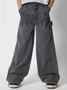 SUMWON Tween Girls Baggy Fit Jeans With Embroidery - Black - View 1