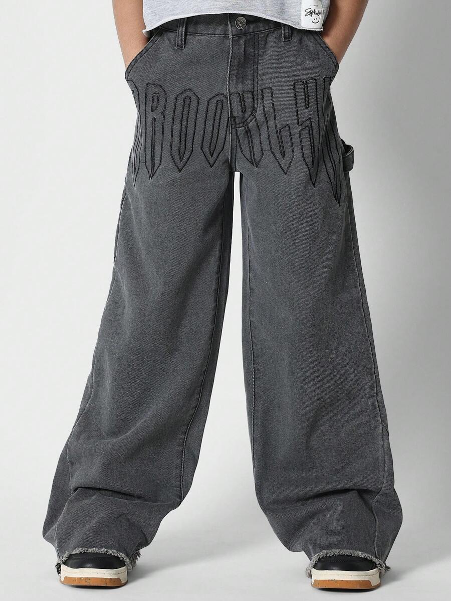 SUMWON Tween Girls Baggy Fit Jeans With Embroidery - Black - View 1