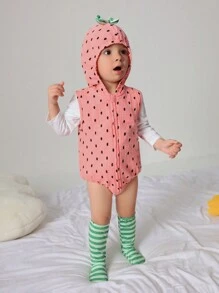 SHEIN 3入組嬰兒女童春秋時尚網紗波點連帽無袖連體衣，配長袖，純色嬉戲裝束 - 彩色 - 查看 3