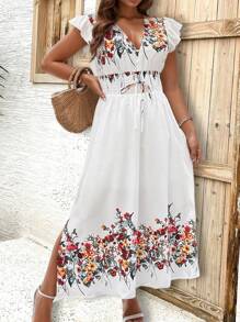 Breezaya 大尺碼假日休閒花卉印花荷葉邊束腰連衣裙 - 白色 - 查看 1
