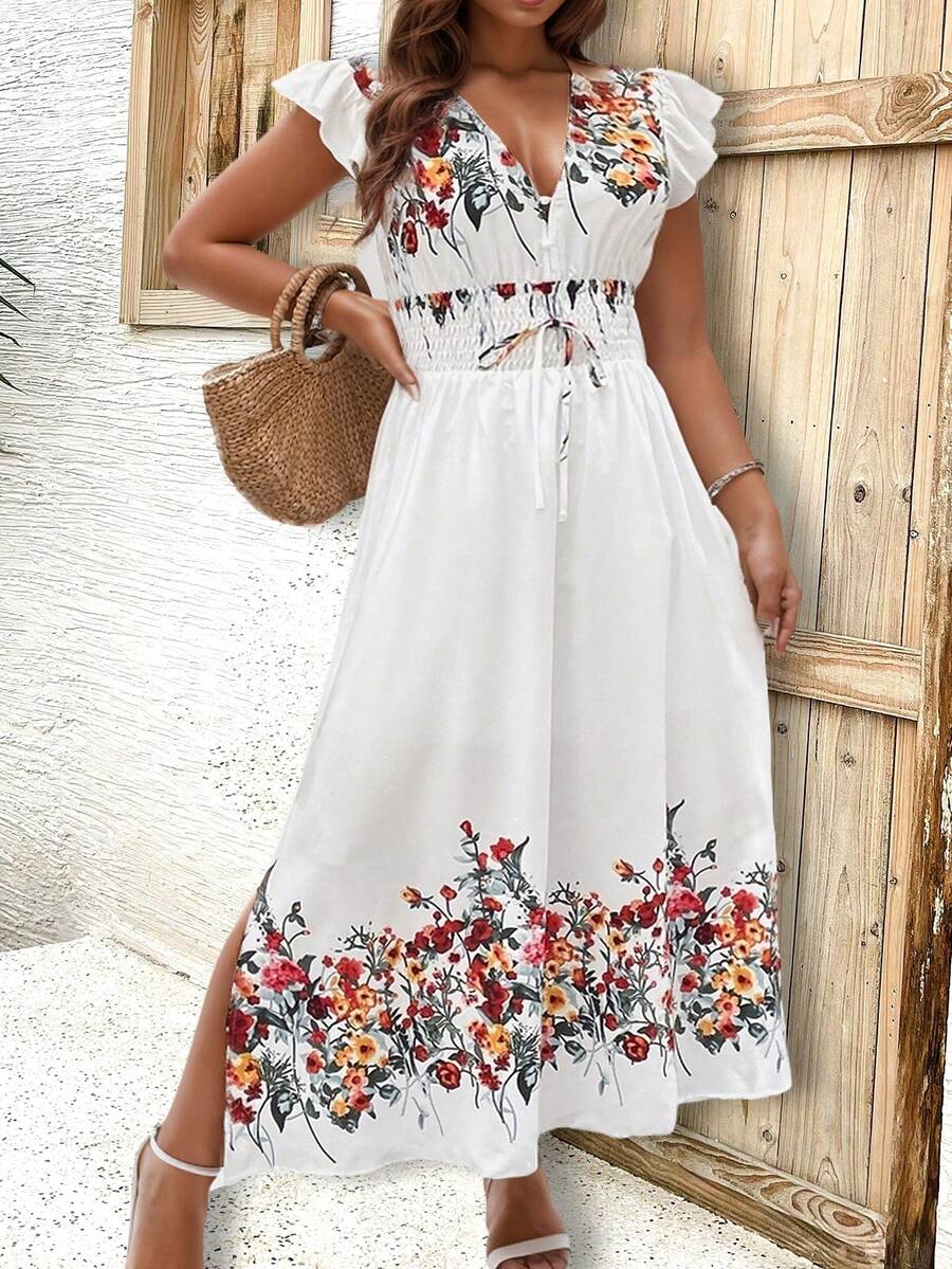 Breezaya 大尺碼假日休閒花卉印花荷葉邊束腰連衣裙 - 白色 - 查看 1