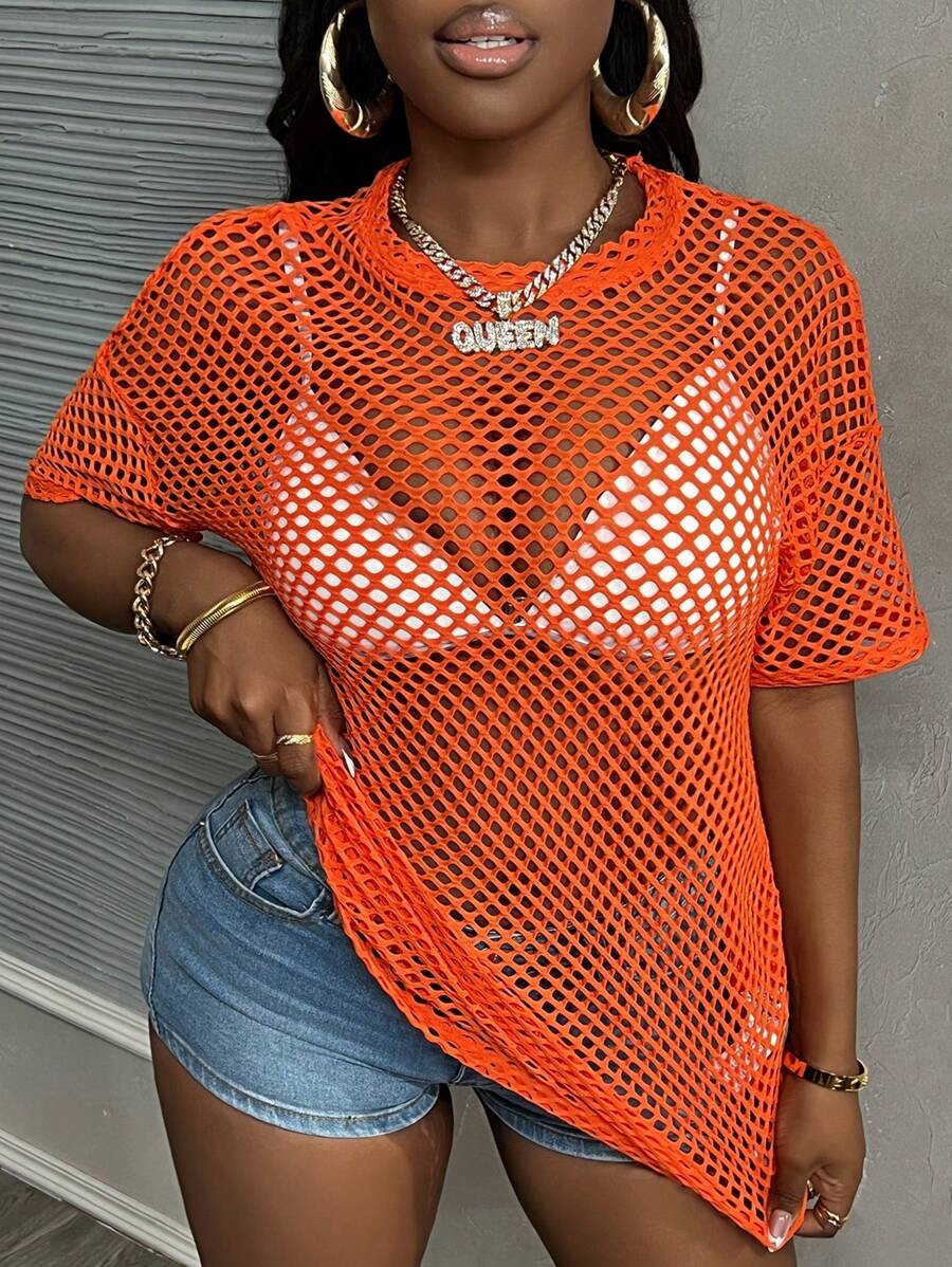 Slaydiva Music Festival Black Versatile Sexy Casual Loose Mesh Crochet Women's Short Sleeved T-Shirt Top - Orange - View 1