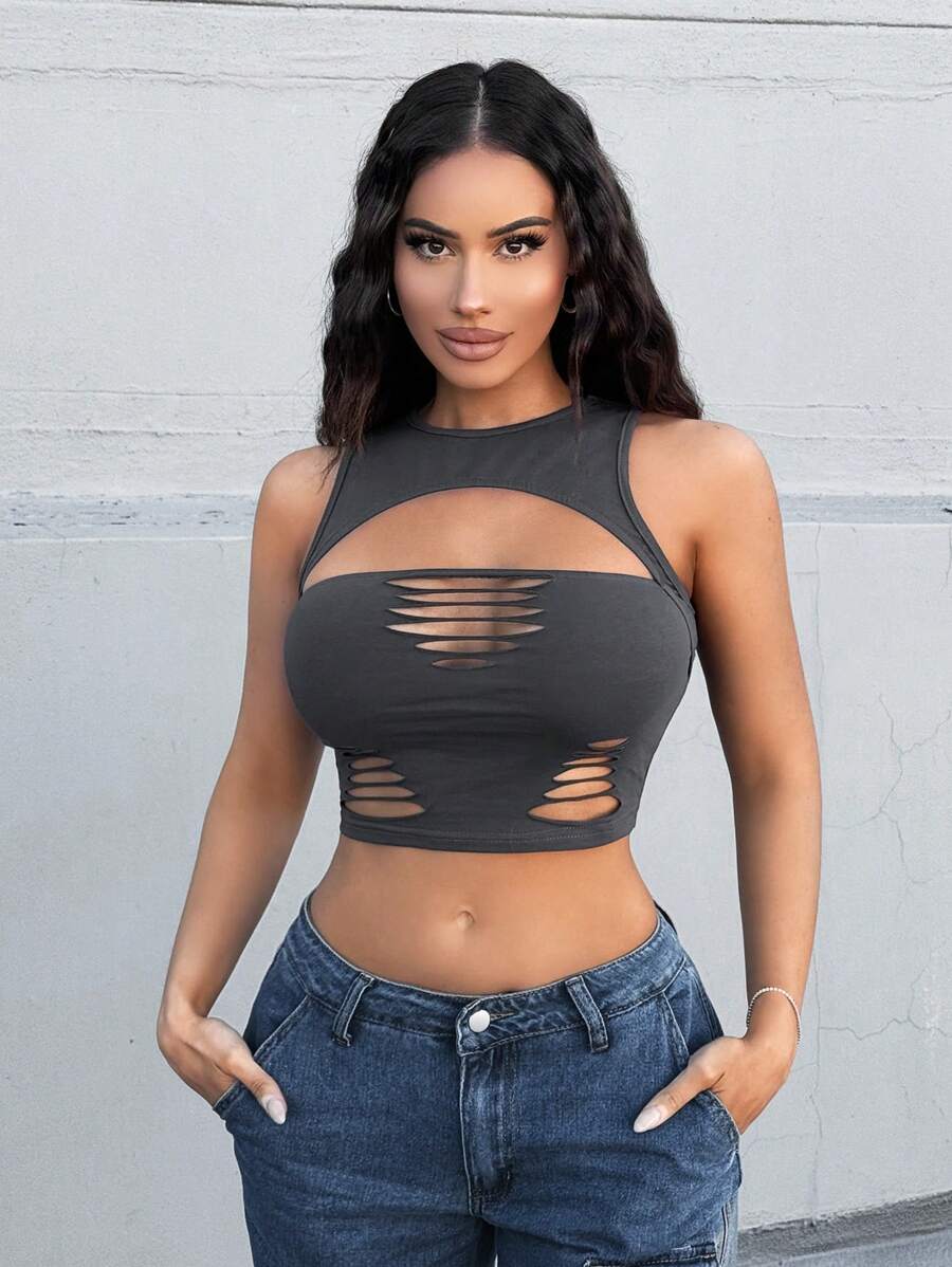 VaVaBold Áo ba lỗ cắt xẻ bất đối xứng màu trơn mùa hè gợi cảm dành cho nữ - Xám - Xem 1