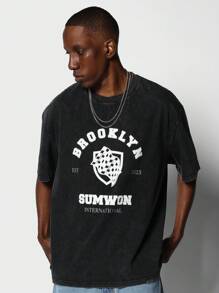 SUMWON 布鲁克林图案印花水洗 T 恤 - 黑色 - 查看 1