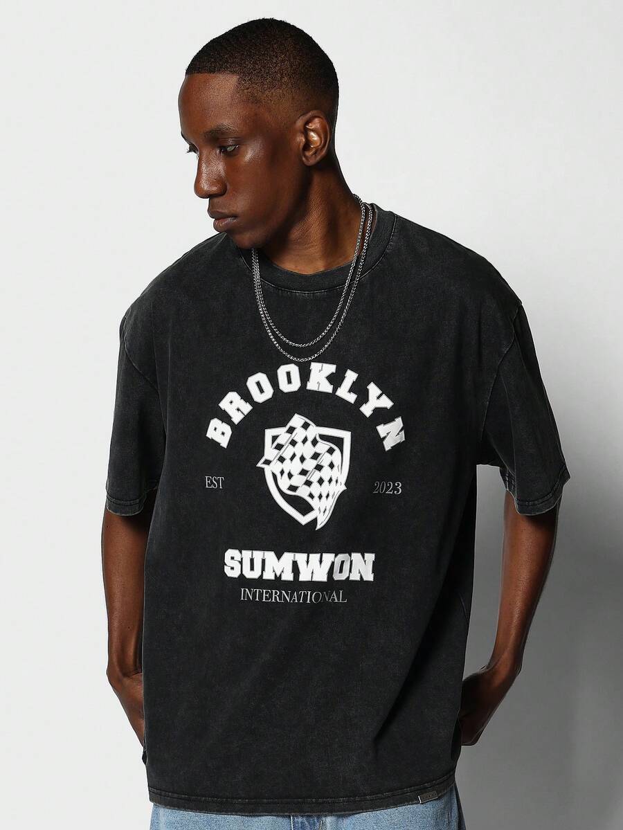 SUMWON 布鲁克林图案印花水洗 T 恤 - 黑色 - 查看 1