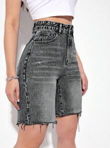 SHEIN Essnce Quần short denim thường ngày có túi viền viền sờn Bermuda dành cho nữ - Màu Xám nhạt - Xem 5