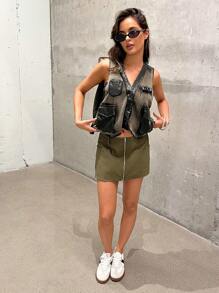 SHEIN Unity Women Plain Zipper Front Straight Short Casual Skirt - Army Green - View 5