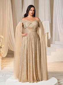 Faeriesty Curve Plus 女士优雅露肩披肩袖闪亮亮片晚礼服 – 正式宴会礼服、婚礼摄影、红毯活动、新娘写真、盛大庆典礼服、夏季假日服装