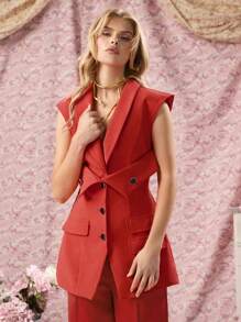 COSMINA Chaqueta de blazer sin mangas roja descontruida 2 en 1 con hombreras para mujeres