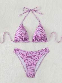 Swim Mod 女士夏季海滩不对称线条印花露背系带性感比基尼套装，随机印花 - 彩色 - 查看 6