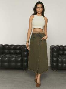 Denimoi High Waist Raw Hem Denim Skirt For Summer - Dark Wash - View 5