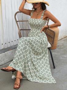 Breezaya Bohemian Vacation Style Printed Dress With Ruffle Hemline, Spaghetti Straps And Slim Fit