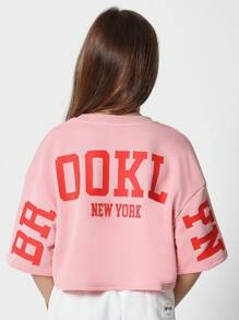 SUMWON 少女緊身短T恤，印花圖案 - 藕粉色 - 查看 1