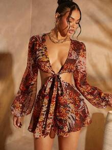 SHEIN Unity Mono/Traje de baño con corte de corbata, mangas de farol y estampado de mariposa - Marrón - Ver 4