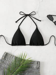SHEIN Swim 女性夏季海灘純色頸帶性感比基尼上衣，隨機印花 - 彩色 - 查看 1