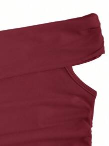 Sweetra 女士夏季纯色勃艮第红色褶皱修身露肩 T 恤上衣 Y2K 服装 - 酒紅色 - 查看 3