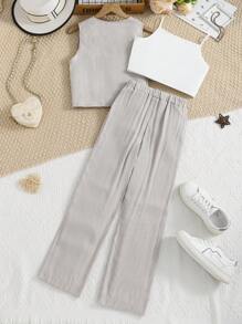 Conjunto de 3 piezas para niña preadolescente: camiseta casual blanca de manga corta, top sin mangas y pantalón largo - Blanco - Ver 2