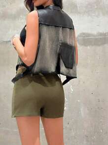 SHEIN Unity Women Plain Zipper Front Straight Short Casual Skirt - Army Green - View 4