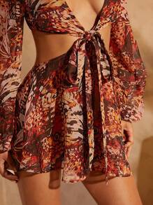SHEIN Unity Mono/Traje de baño con corte de corbata, mangas de farol y estampado de mariposa - Marrón - Ver 5