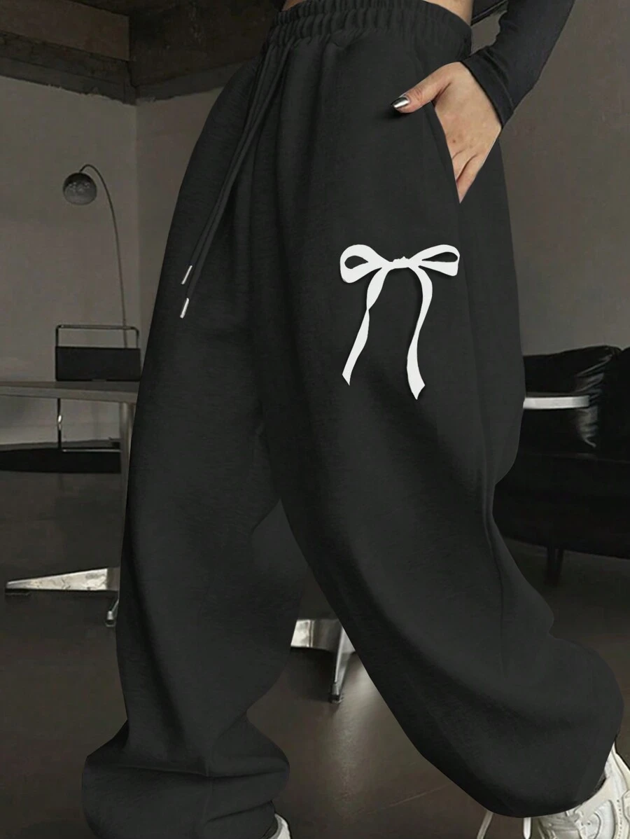 INAWLY Shorts Femininos Casuais com Cintura de Cordão e Estampa de Laço - Preto - Ver 1