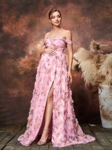 Faeriesty Dressalisa 孕妇花卉印花网眼露肩正式舞会礼服 - 粉色 - 查看 7