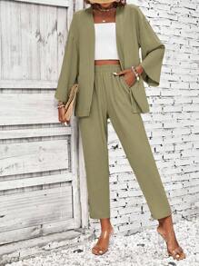 SHEIN LUNE Solid Open Front Coat & Trousers - Army Green - View 3