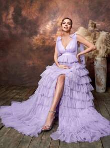 Faeriesty Dressalisa Maternity Backless Layered Tulle Hem Photography Dress - Lilac Purple - View 1