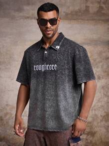Manfinity Roughcore Men's Plus Size Letter Printed Short Sleeve Polo Shirt, Summer - Grey - View 4