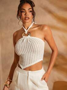 Hauture Vacation Outfits Gold Hardware Detail Asymmetrical Hem Halter Crop Fall Top