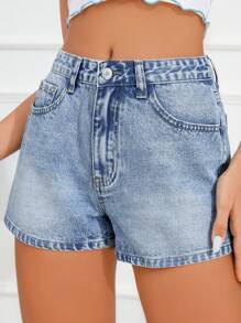 SHEIN Frenchy 夏季休閒極短丹寧短褲 - 淺色水洗藍 - 查看 3