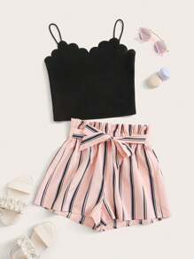 SHEIN Cô gái Tween Cạnh sò điệp Cami ngọn Và Nếp gấp cao eo Bộ quần short - Nhiều màu - Xem 1