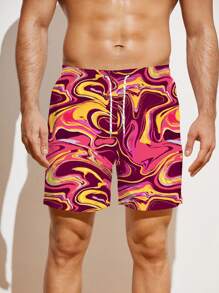 SHEIN X Hangout Fest Manfinity Swimmode Męskie szerokie spodenki plażowe ze sznurkiem i nadrukiem marmuru