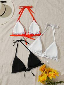 Swim Basics Plus Size 3packs Halter Triangle Bikini Top Summer - Multicolor - View 2