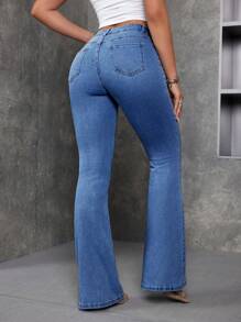 SHEIN ICON Women's Fashionable Washed Denim Flare Pants, Versatile - Medium Wash - View 2