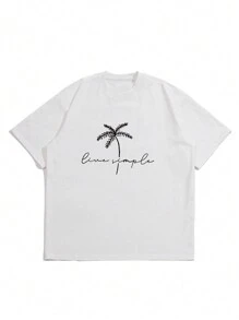男式字母与棕榈树图案圆领短袖 T 恤 - 白色 - 查看 4