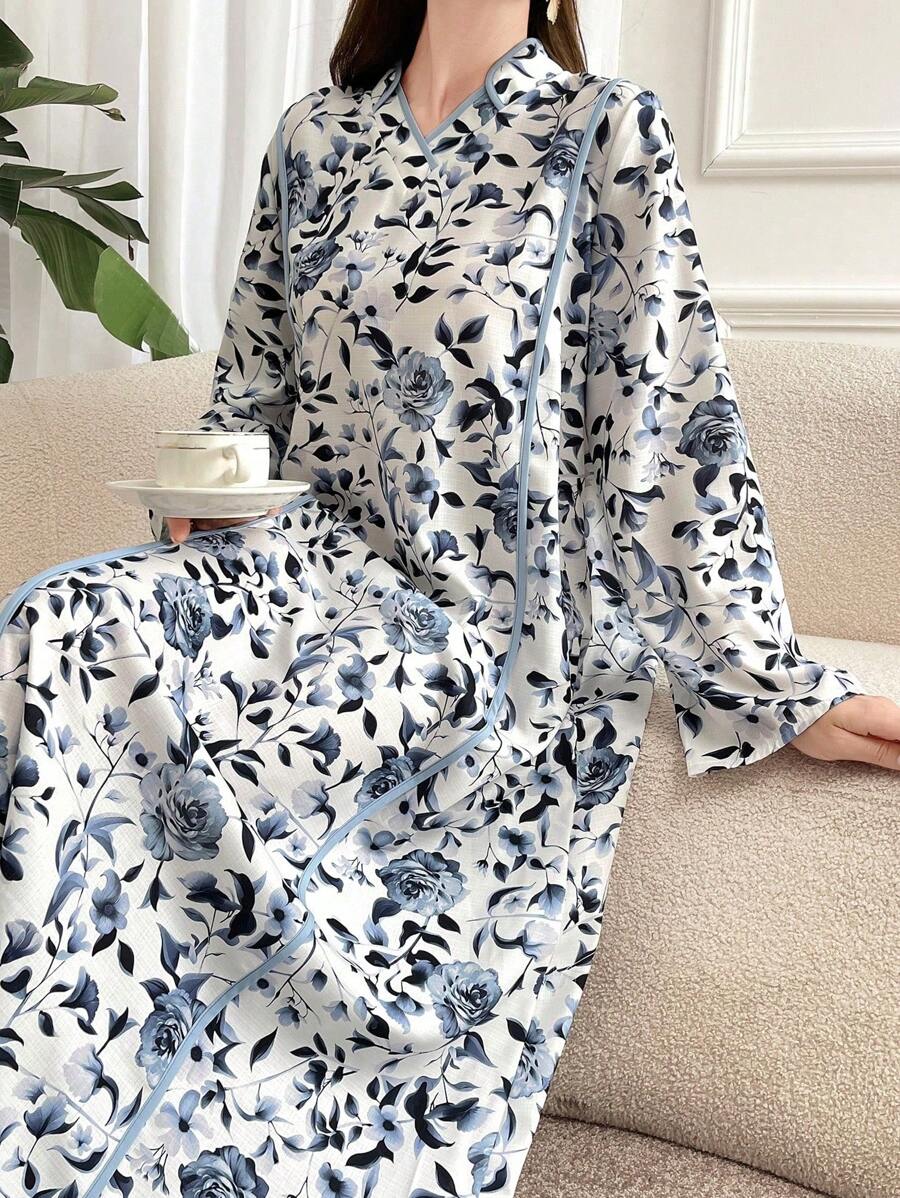 Al Najma Women's Flower Printed Arabian Dress With Long Sleeves, Perfect For Vacation, Modest Full Length Jalabiya, Casual Long Sleeve Dress